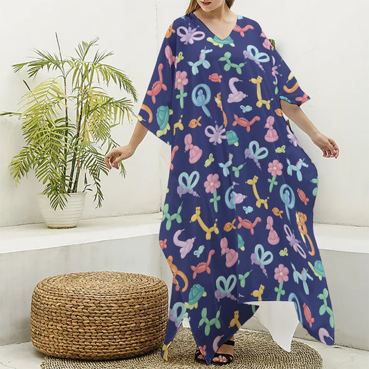 Animal Balloon Pattern Print Silk V-Neck Kaftan Dress