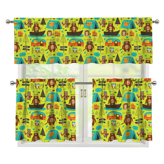 Animal Camping Pattern Print 3 Piece Kitchen Curtains