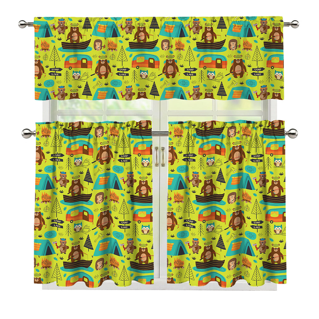 Animal Camping Pattern Print 3 Piece Kitchen Curtains