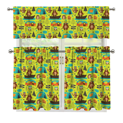 Animal Camping Pattern Print 3 Piece Kitchen Curtains