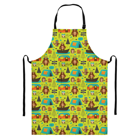 Animal Camping Pattern Print Bib Apron With Pocket