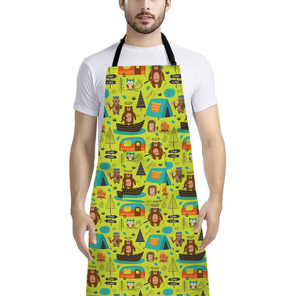 Animal Camping Pattern Print Bib Apron With Pocket