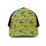 Animal Camping Pattern Print Black Mesh Trucker Cap