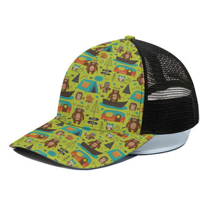 Animal Camping Pattern Print Black Mesh Trucker Cap