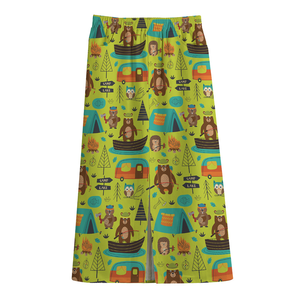 Animal Camping Pattern Print Cotton Front Slit Maxi Skirt