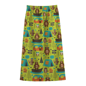 Animal Camping Pattern Print Cotton Front Slit Maxi Skirt