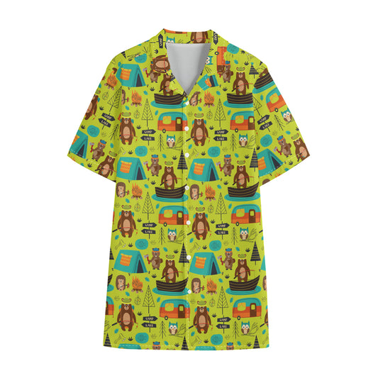 Animal Camping Pattern Print Cotton Hawaiian Shirt