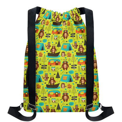 Animal Camping Pattern Print Drawstring Backpack