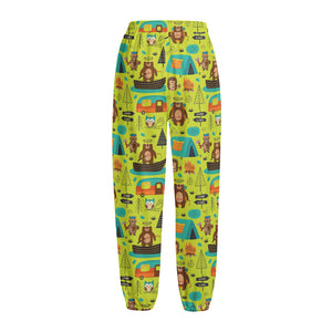 Animal Camping Pattern Print Fleece Lined Knit Pants