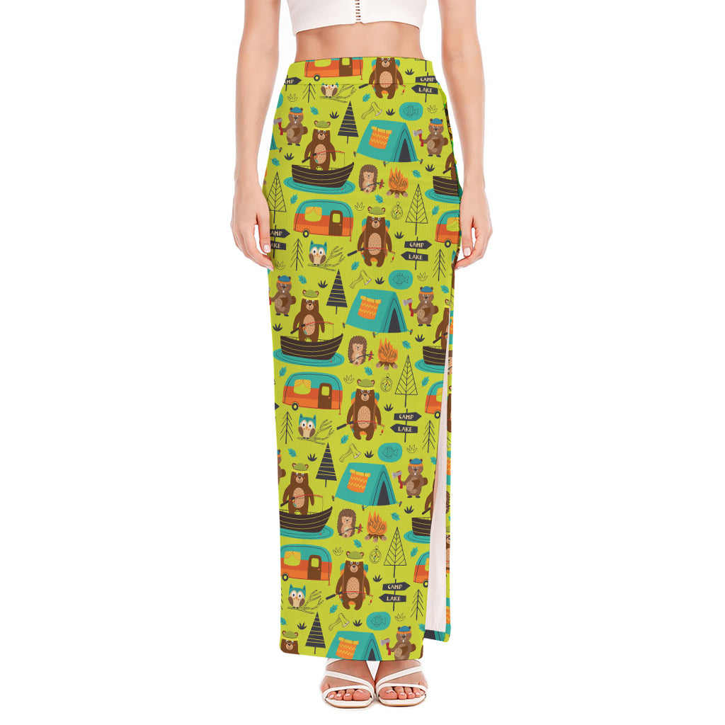 Animal Camping Pattern Print High Slit Maxi Skirt