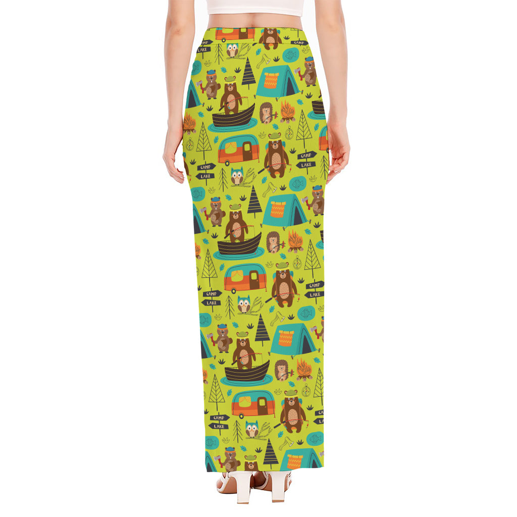 Animal Camping Pattern Print High Slit Maxi Skirt