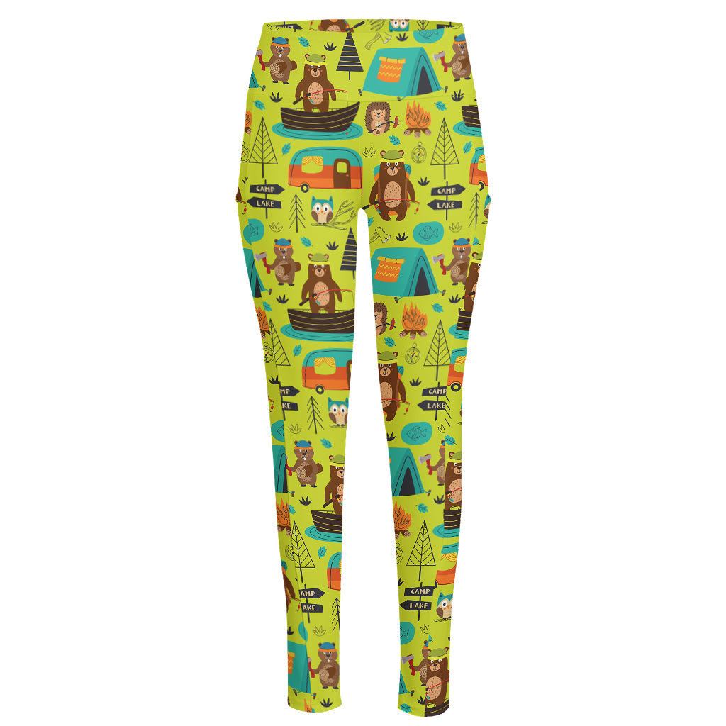 Animal Camping Pattern Print High-Waisted Pocket Leggings