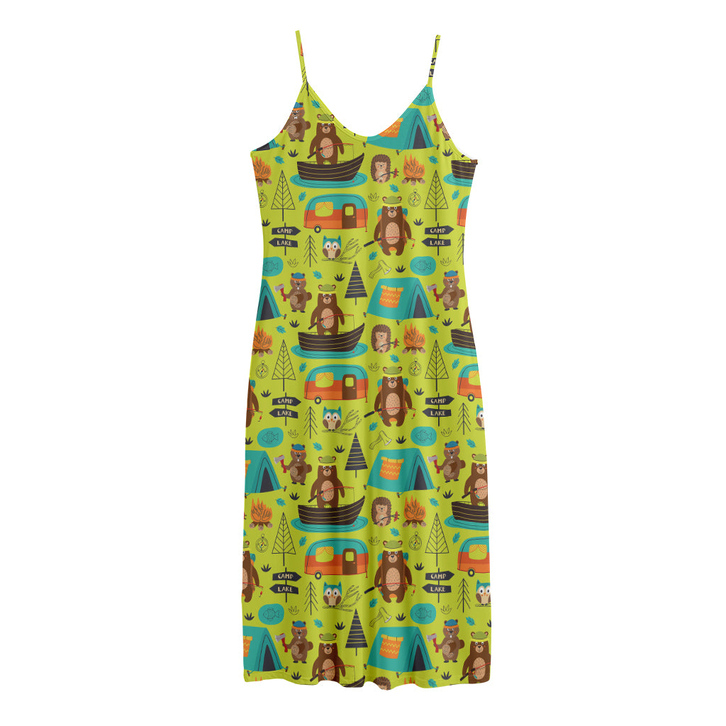 Animal Camping Pattern Print Jersey Midi Cami Dress