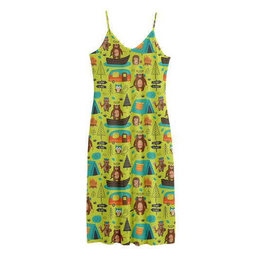 Animal Camping Pattern Print Jersey Midi Cami Dress