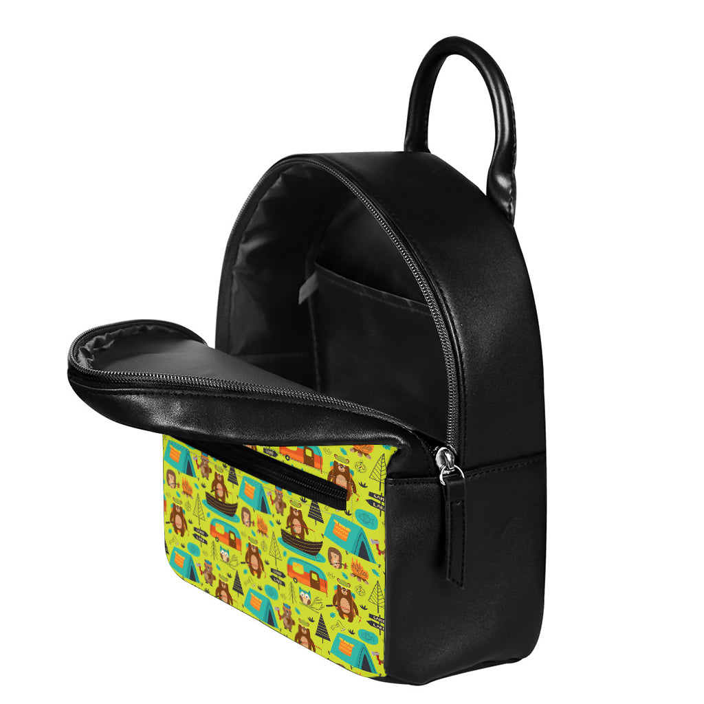 Animal Camping Pattern Print Leather Backpack