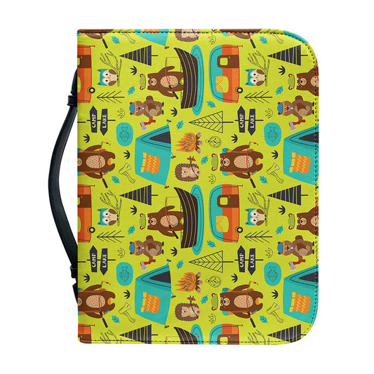 Animal Camping Pattern Print Leather Bible Cover