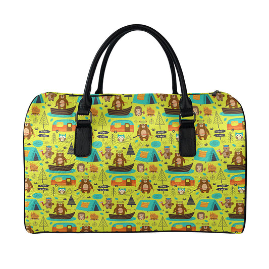 Animal Camping Pattern Print Leather Duffle Bag