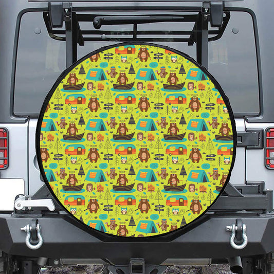 Animal Camping Pattern Print Leather Spare Tire Cover