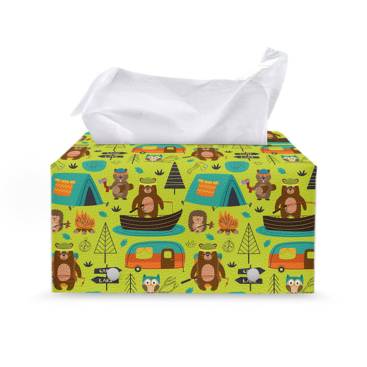 Animal Camping Pattern Print Leather Tissue Box Cover