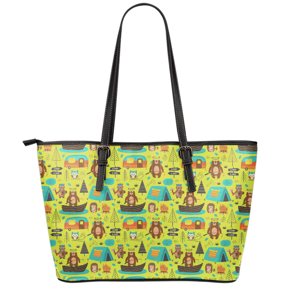 Animal Camping Pattern Print Leather Tote Bag