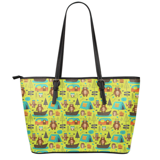Animal Camping Pattern Print Leather Tote Bag