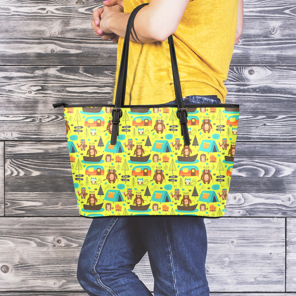 Animal Camping Pattern Print Leather Tote Bag