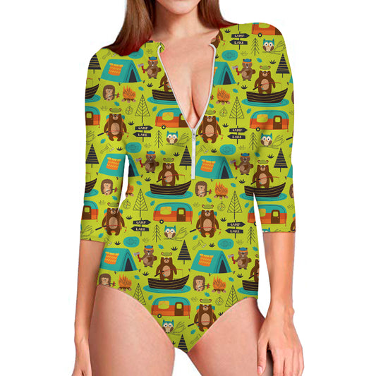 Animal Camping Pattern Print Long Sleeve Swimsuit