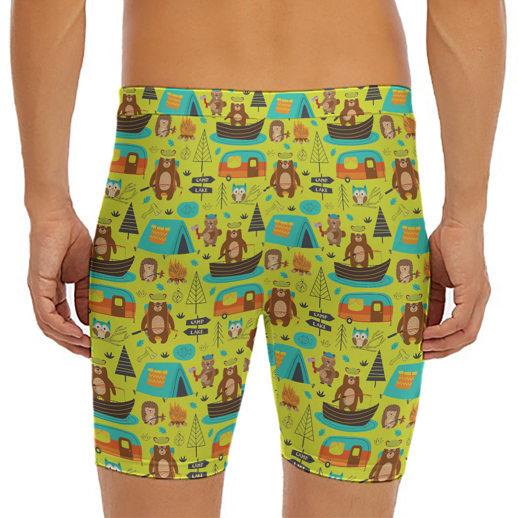 Animal Camping Pattern Print Men's Long Boxer Briefs