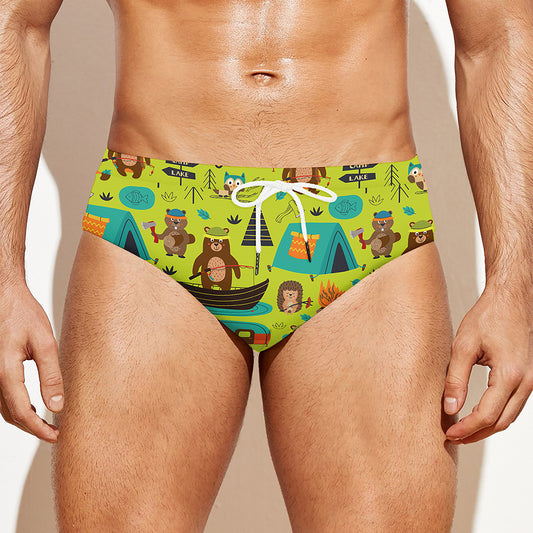 Animal Camping Pattern Print Men's Swim Briefs