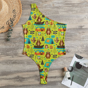 Animal Camping Pattern Print One Shoulder Bodysuit