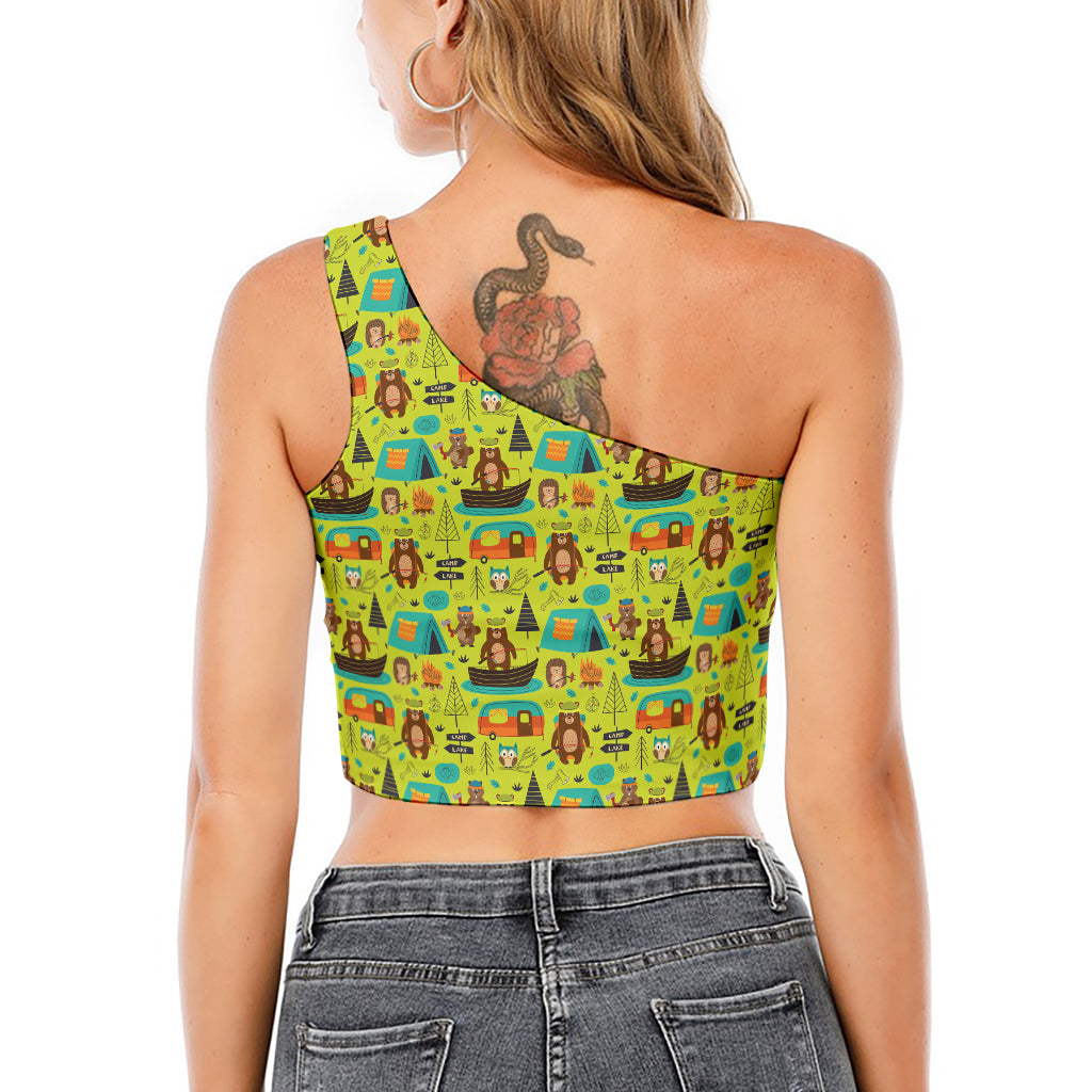 Animal Camping Pattern Print One Shoulder Crop Top