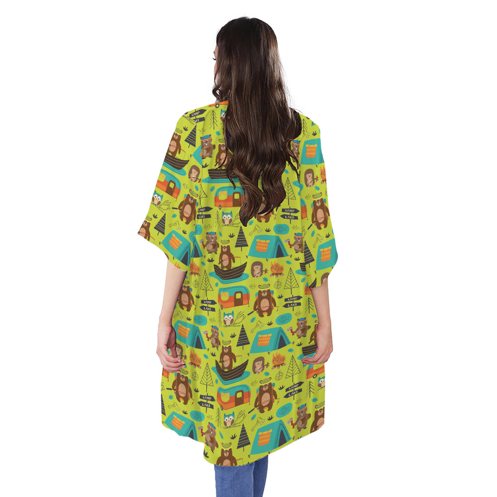 Animal Camping Pattern Print Open Front Beach Cover Up