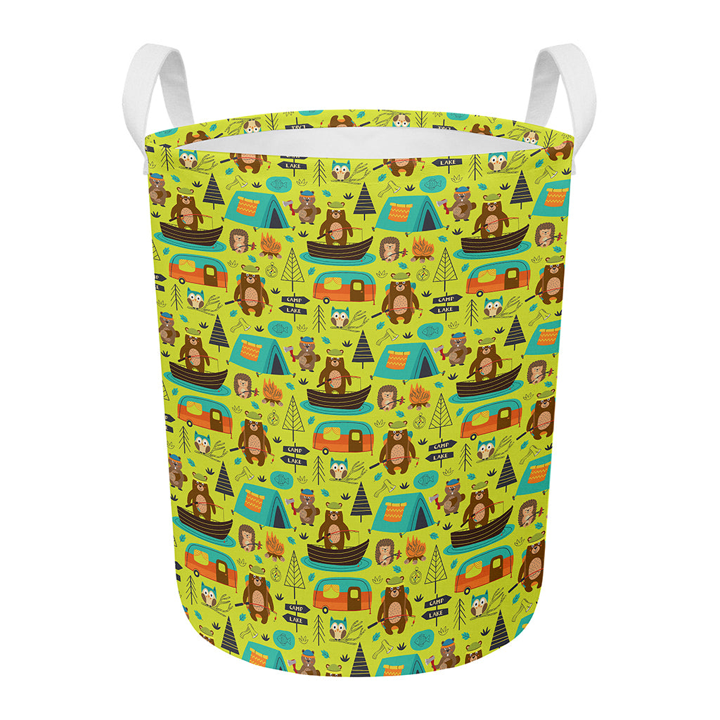 Animal Camping Pattern Print Round Laundry Basket