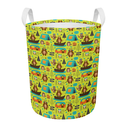 Animal Camping Pattern Print Round Laundry Basket