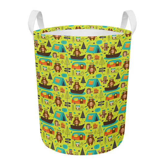 Animal Camping Pattern Print Round Laundry Basket
