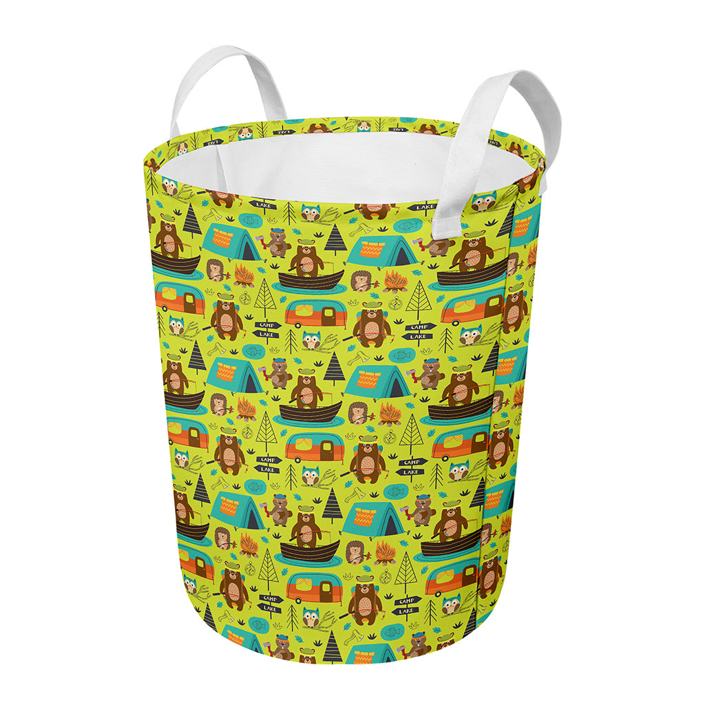 Animal Camping Pattern Print Round Laundry Basket
