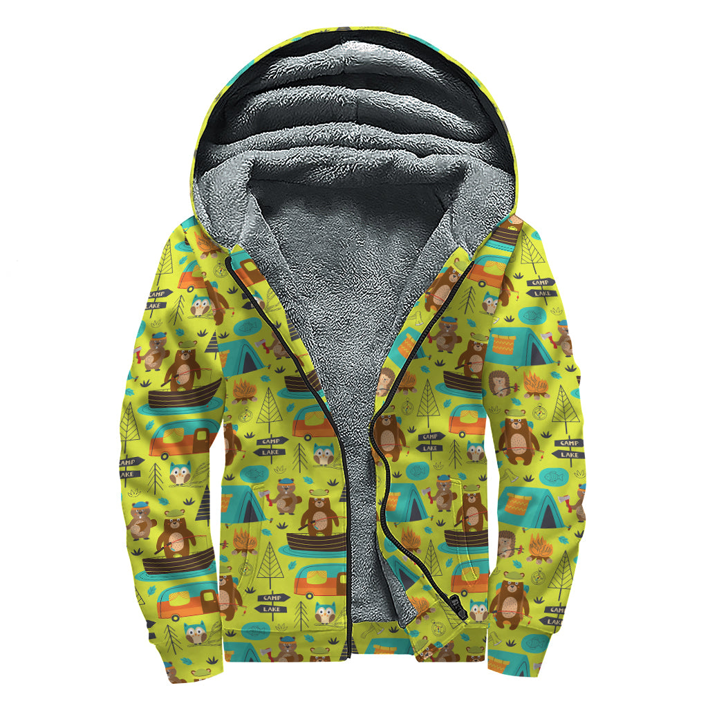 Animal Camping Pattern Print Sherpa Lined Zip Up Hoodie