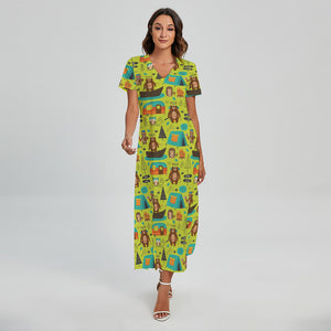 Animal Camping Pattern Print Short Sleeve Maxi Dress