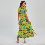 Animal Camping Pattern Print Short Sleeve Maxi Dress