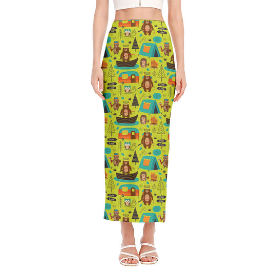 Animal Camping Pattern Print Side Slit Maxi Skirt