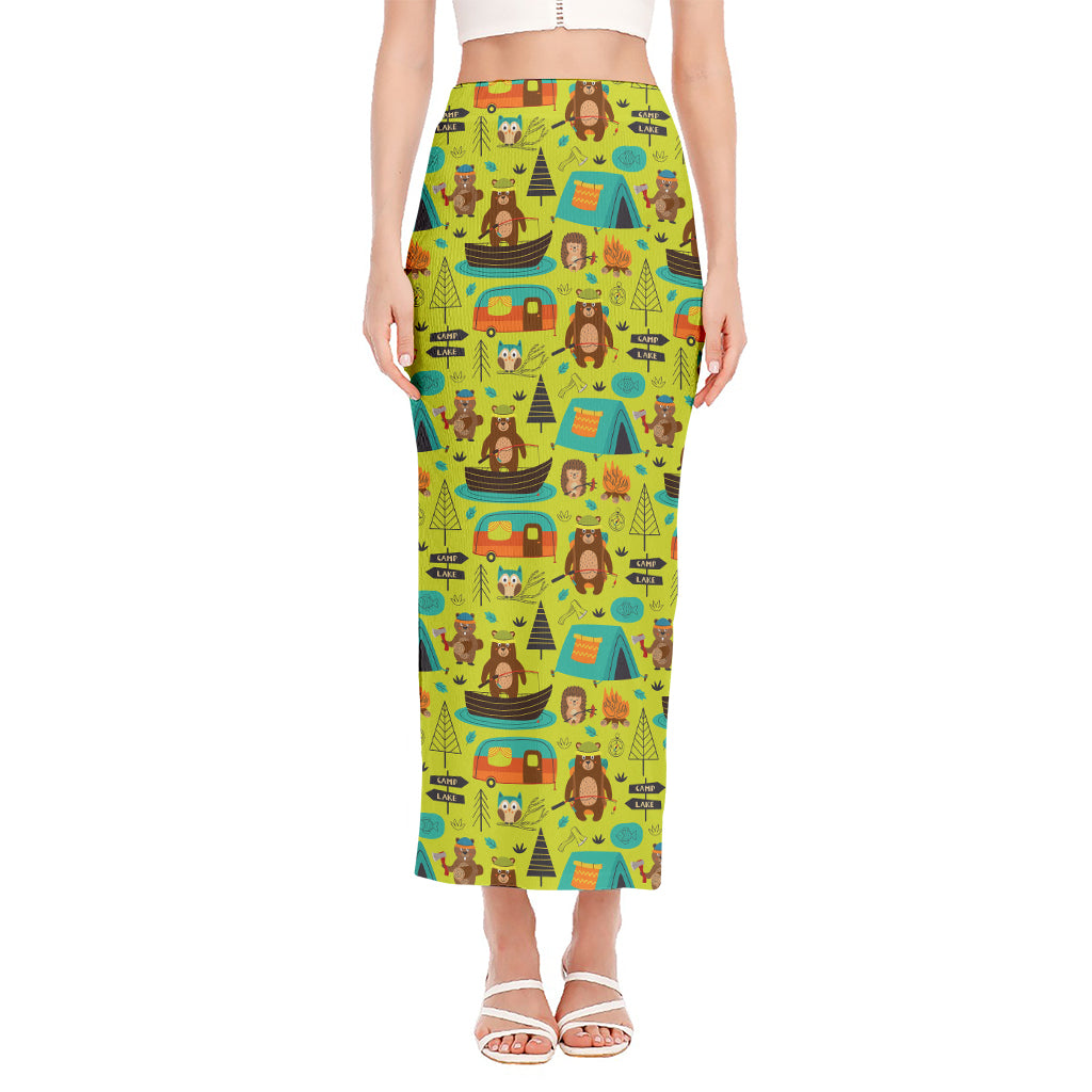 Animal Camping Pattern Print Side Slit Maxi Skirt