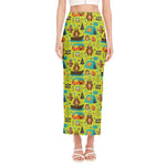 Animal Camping Pattern Print Side Slit Maxi Skirt