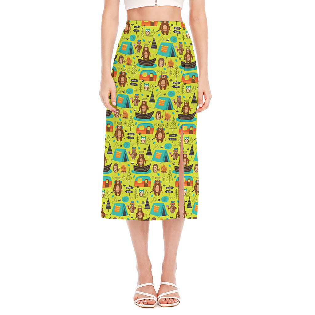 Animal Camping Pattern Print Side Slit Midi Skirt