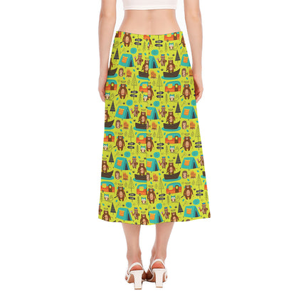 Animal Camping Pattern Print Side Slit Midi Skirt