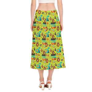 Animal Camping Pattern Print Side Slit Midi Skirt