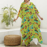 Animal Camping Pattern Print Silk V-Neck Kaftan Dress