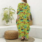 Animal Camping Pattern Print Silk V-Neck Kaftan Dress