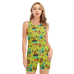 Animal Camping Pattern Print Sleeveless One Piece Swimsuit