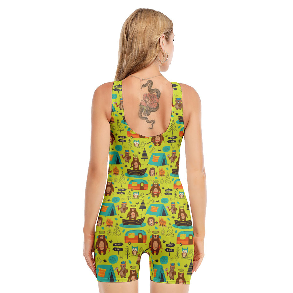 Animal Camping Pattern Print Sleeveless One Piece Swimsuit