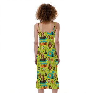 Animal Camping Pattern Print Slim Fit Midi Cami Dress